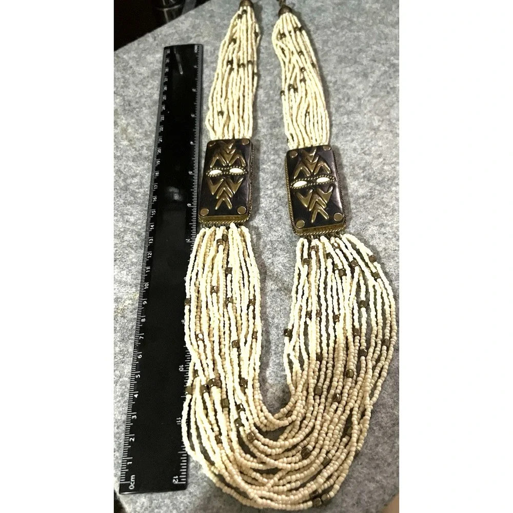 Vintage Necklace Multi Strand cream Seed Bead brass Round Beads 26